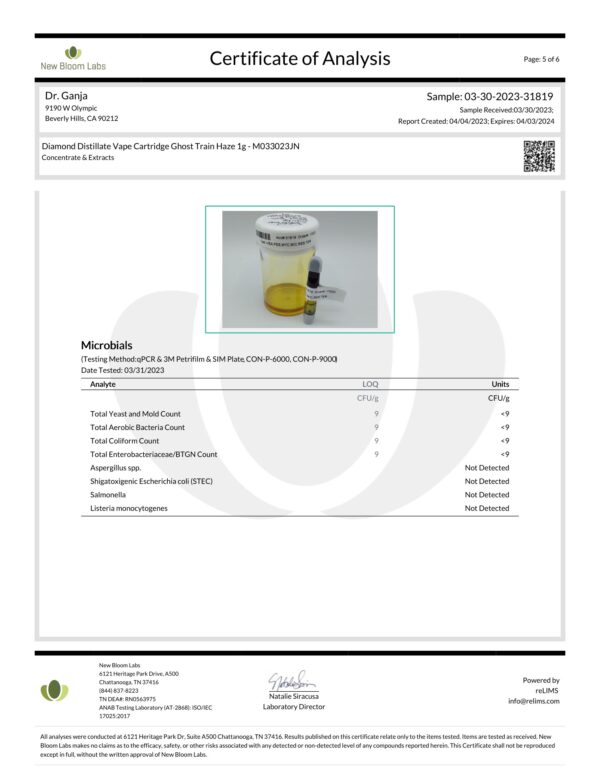 Dr.Ganja Diamond Distillate Vape Cartridge Ghost Train Haze Microbials Certificate of Analysis.jpg