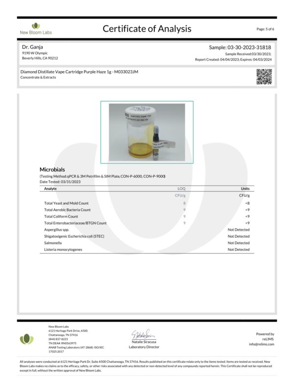 Dr.Ganja Diamond Distillate Vape Cartridge Purple Haze Microbials Certificate of Analysis