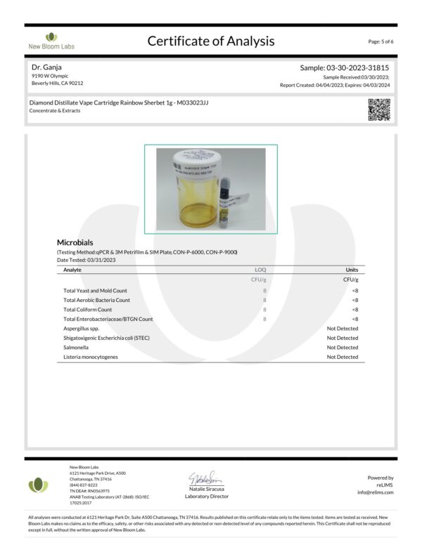 Dr.Ganja Diamond Distillate Vape Cartridge Rainbow Sherbet Microbials Certificate of Analysis