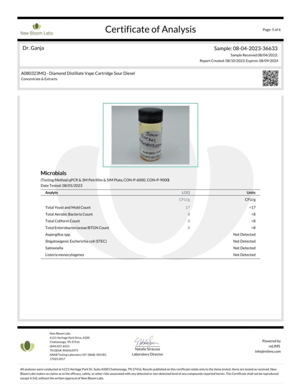 Dr.Ganja Diamond Distillate Vape Cartridge Sour Diesel Microbials Certificate of Analysis
