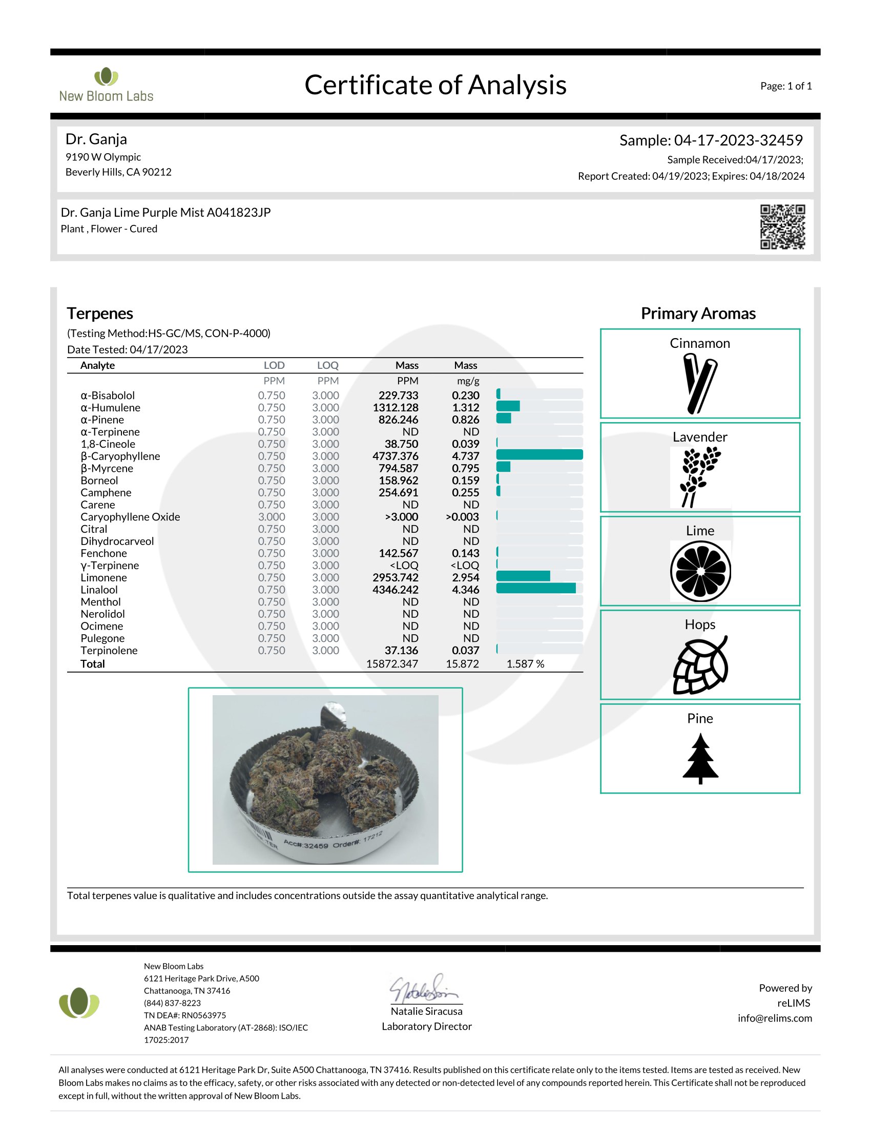 Dr.Ganja Lime Purple Mist Terpenes Certificate of Analysis Dr.Ganja Lime Purple Mist Terpenes Certificate of Analysis
