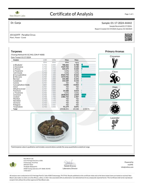 Paradise Circus Terpenes Certificate of Analysis