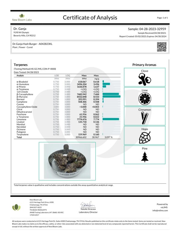 Dr.Ganja Hash Burger Terpenes Certificate of Analysis