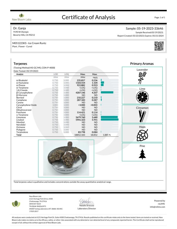 Dr.Ganja Ice Cream Runtz Terpenes Certificate of Analysis