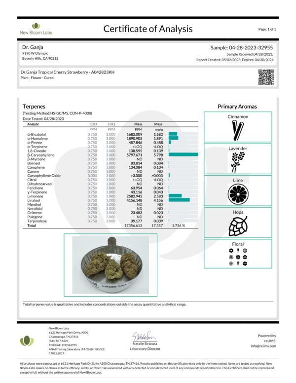 Dr.Ganja Tropical Cherry Strawberry Terpenes Certificate of Analysis