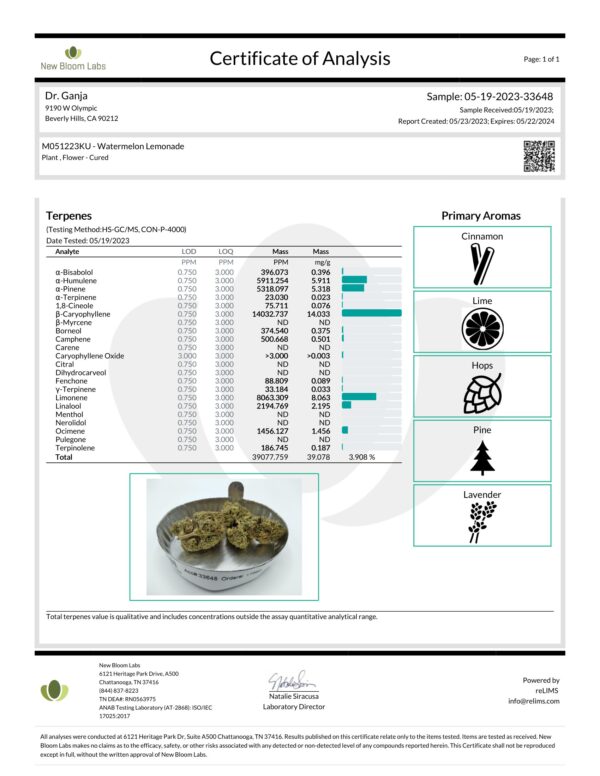 Dr.Ganja Watermelon Lemonade Terpenes Certificate of Analysis