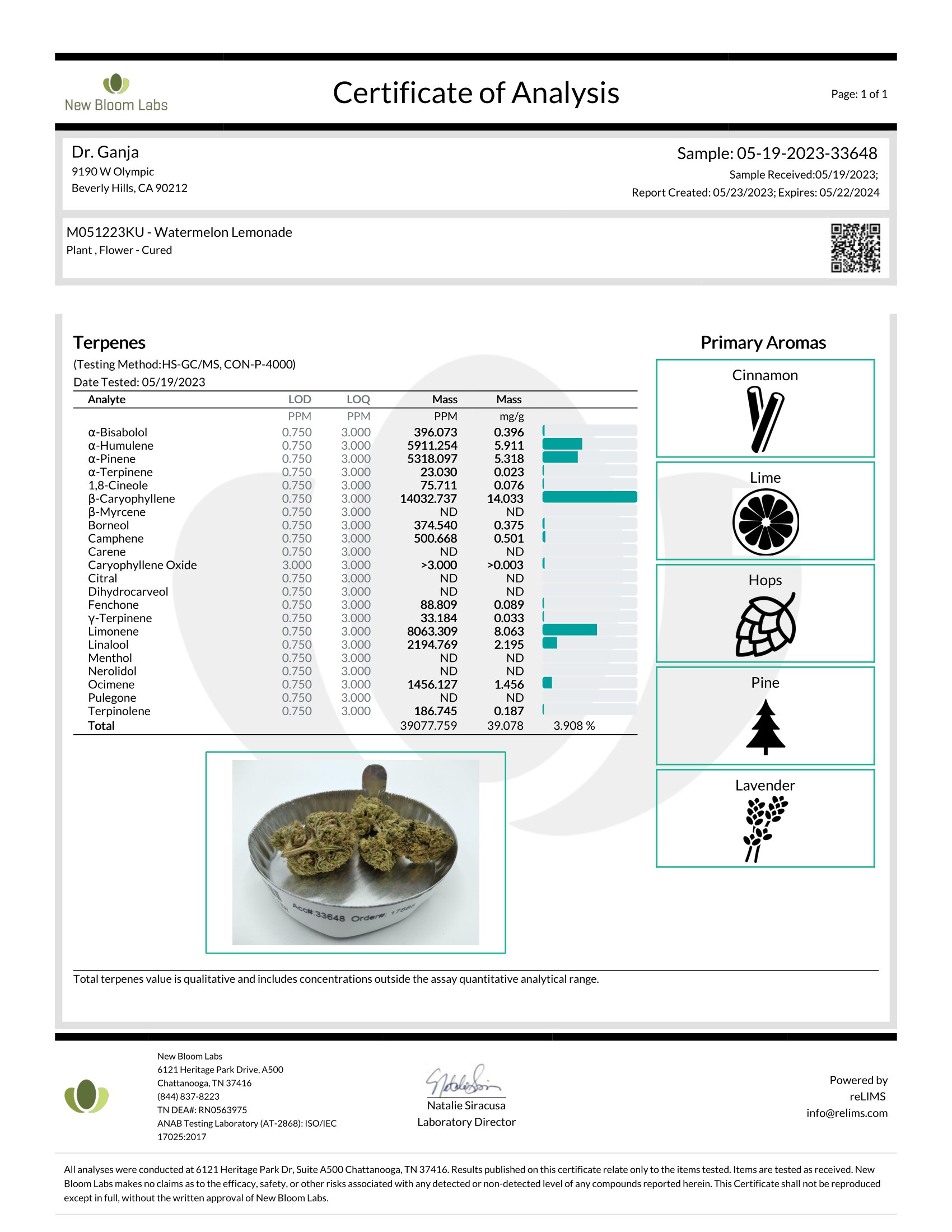 Dr.Ganja Watermelon Lemonade Terpenes Certificate of Analysis Dr.Ganja Watermelon Lemonade Terpenes Certificate of Analysis