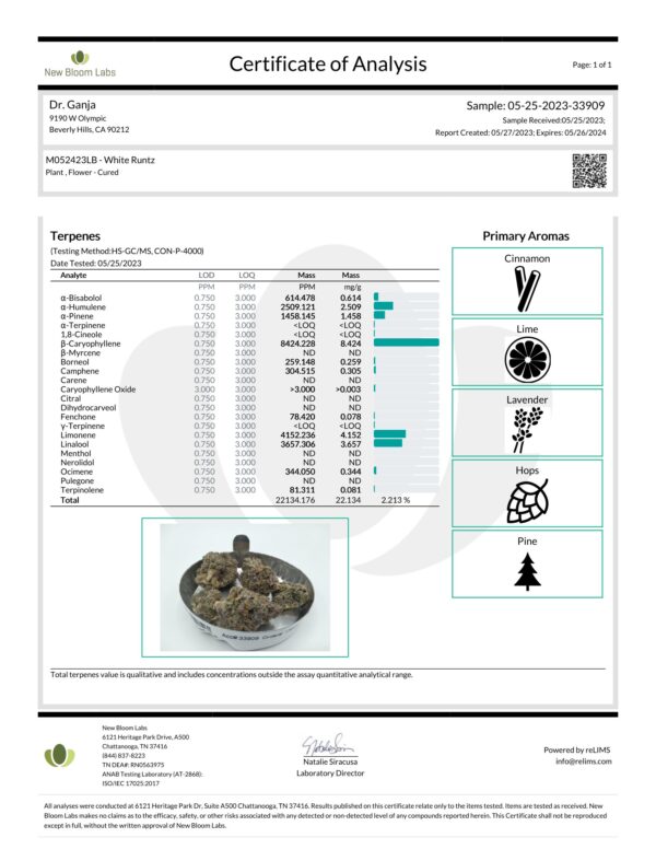 Dr.Ganja White Runtz Terpenes Certificate of Analysis