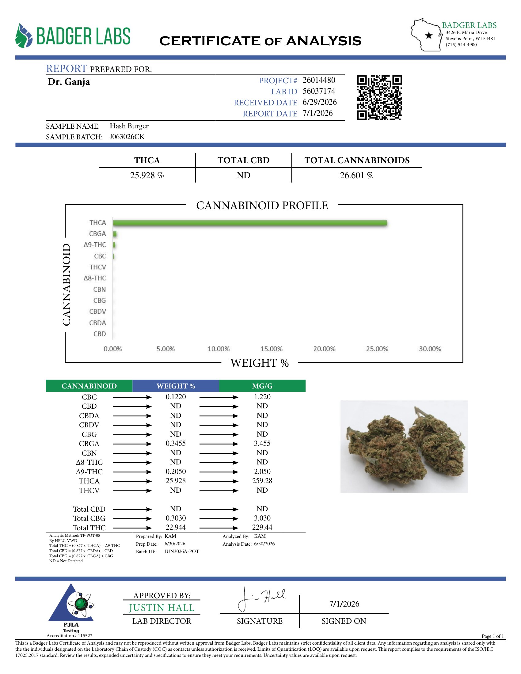 Hash Burger Cannabinoids Certificate of Analysis