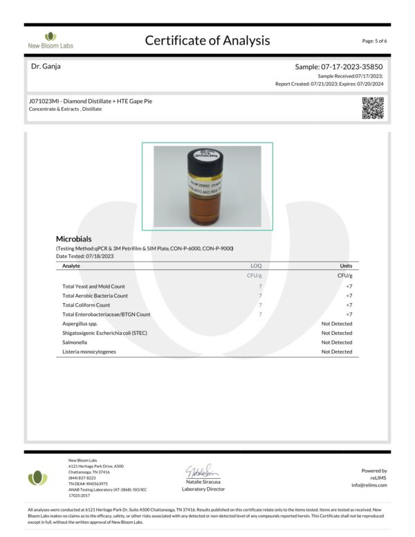 Dr.Ganja Diamond Distillate + HTE Grape Pie Vape Cartridge Microbials Certificate of Analysis