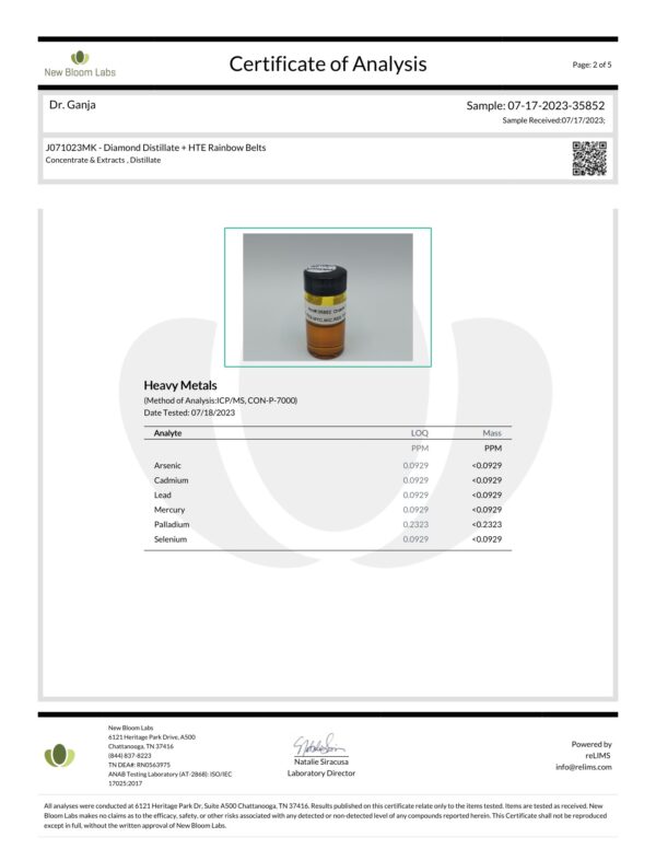 Dr.Ganja Diamond Distillate + HTE Vape Cartridge Rainbow Belts Heavy Metals Certificate of Analysis