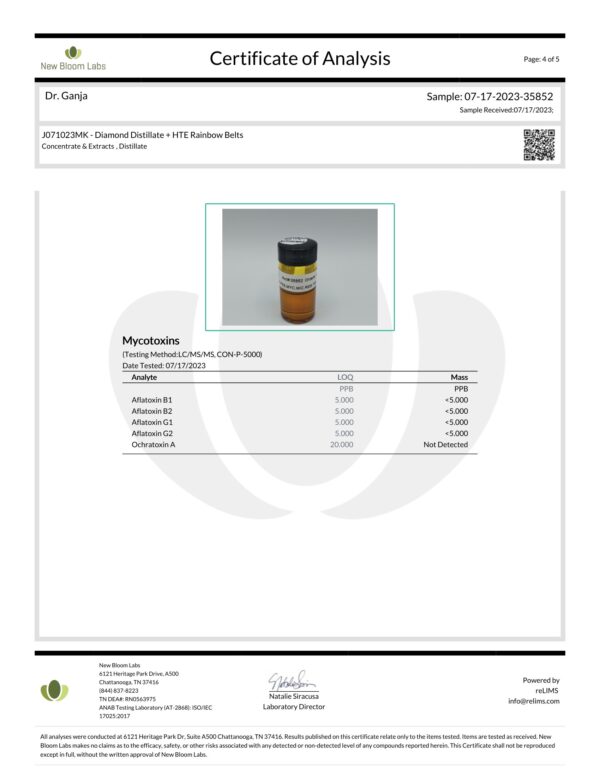 Dr.Ganja Diamond Distillate + HTE Vape Cartridge Rainbow Belts Mycotoxins Certificate of Analysis