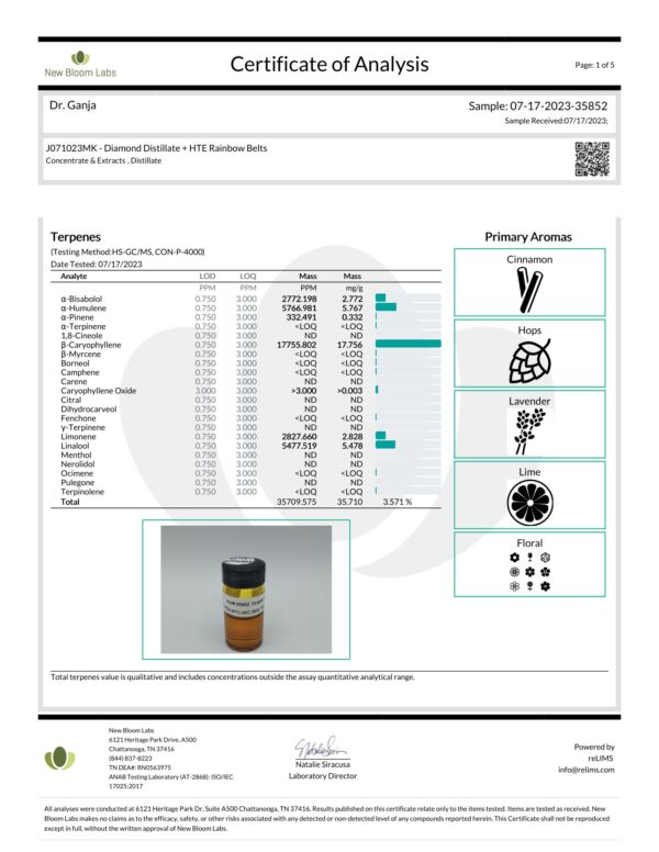Dr.Ganja Diamond Distillate + HTE Vape Cartridge Rainbow Belts Terpenes Certificate of Analysis