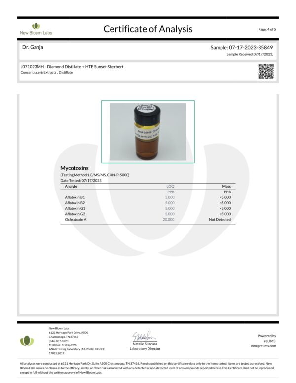 Dr.Ganja Diamond Distillate + HTE Vape Cartridge Sunset Sherbert Mycotoxins Certificate of Analysis