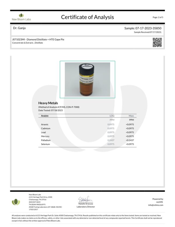 Dr.Ganja Diamond Distillate + HTE Vape Cartridge Grape Pie Heavy Metals Certificate of Analysis