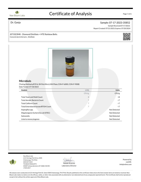 Dr.Ganja Diamond Distillate + HTE Vape Cartridge Rainbow Belts Microbials Certificate of Analysis