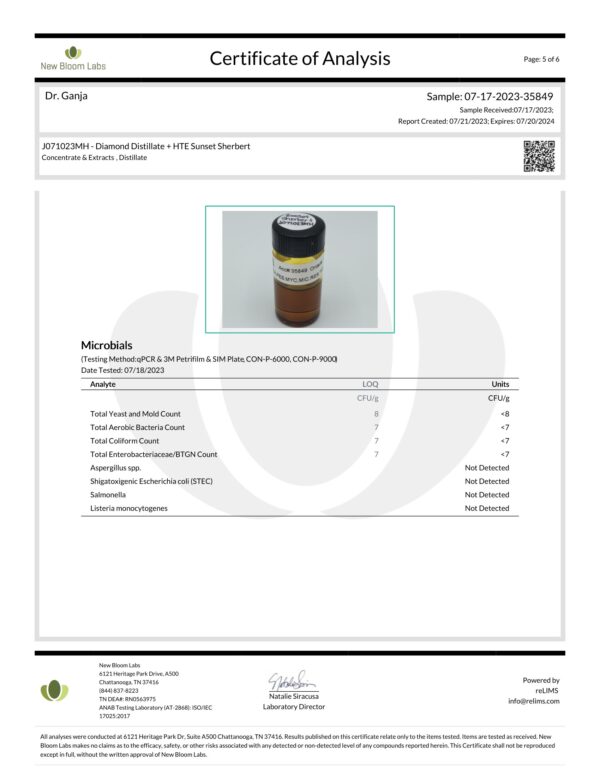 Dr.Ganja Diamond Distillate + HTE Vape Cartridge Sunset Sherbert Microbials Certificate of Analysis