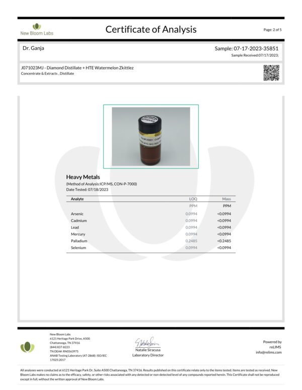 Dr.Ganja Diamond Distillate + HTE Vape Cartridge Watermelon Zkittlez Heavy Metals Certificate of Analysis