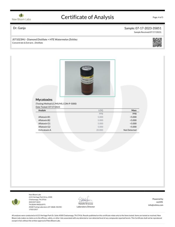 Dr.Ganja Diamond Distillate + HTE Vape Cartridge Watermelon Zkittlez Mycotoxins Certificate of Analysis