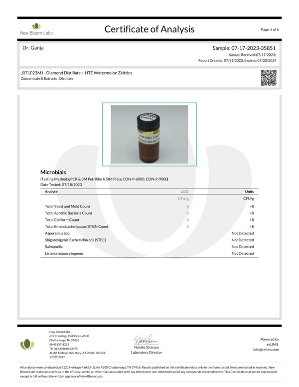 Dr.Ganja Diamond Distillate + HTE Watermelon Zkittlez Vape Cartridge Microbials Certificate of Analysis