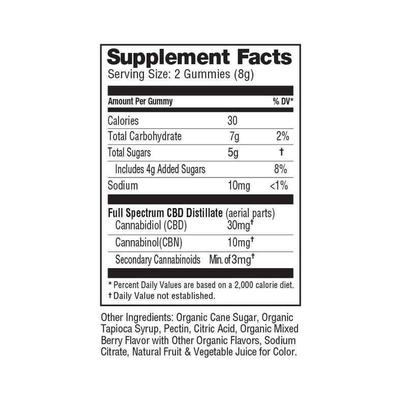 NuLeaf Naturals Full Spectrum CBD CBN Gummies Mixed Berry 1200mg 60ct Supplement Facts