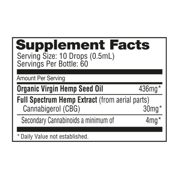 NuLeaf Naturals Full Spectrum CBG Oil 1800mg 30ml Supplement Facts