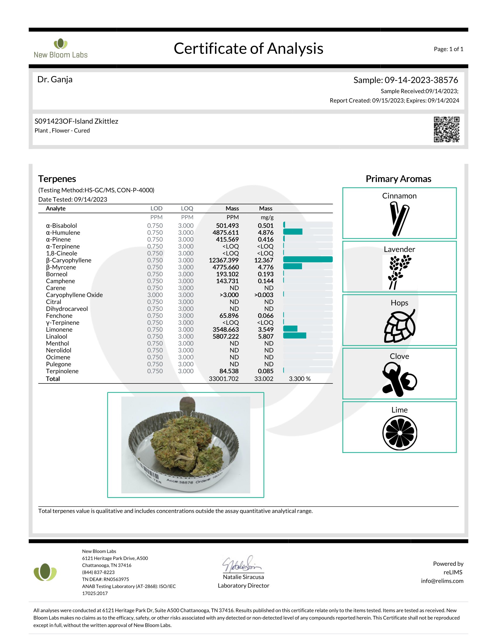 Dr.Ganja Island Zkittlez Terpenes Certificate of Analysis