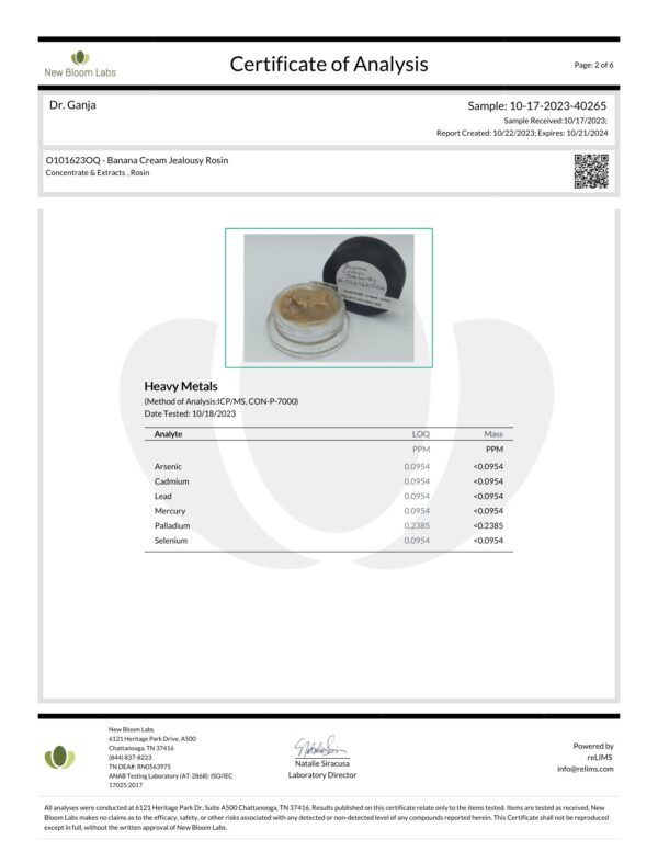Banana Cream Jealousy Rosin Heavy Metals Certificate of Analysis