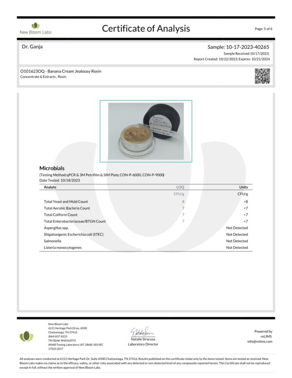 Banana Cream Jealousy Rosin Microbials Certificate of Analysis