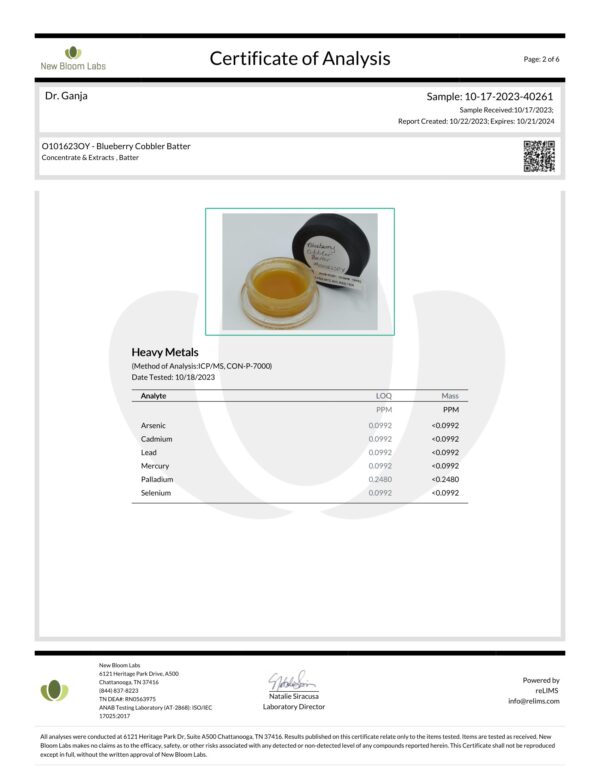 Blueberry Cobbler Batter Heavy Metals Certificate of Analysis