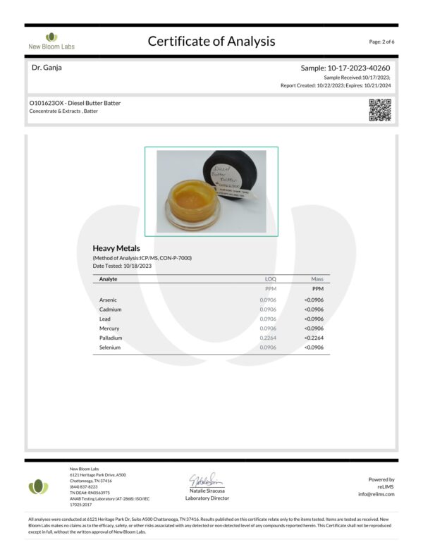 Diesel Butter Batter Heavy Metals Certificate of Analysis