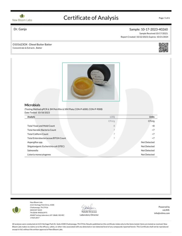 Diesel Butter Batter Microbials Certificate of Analysis