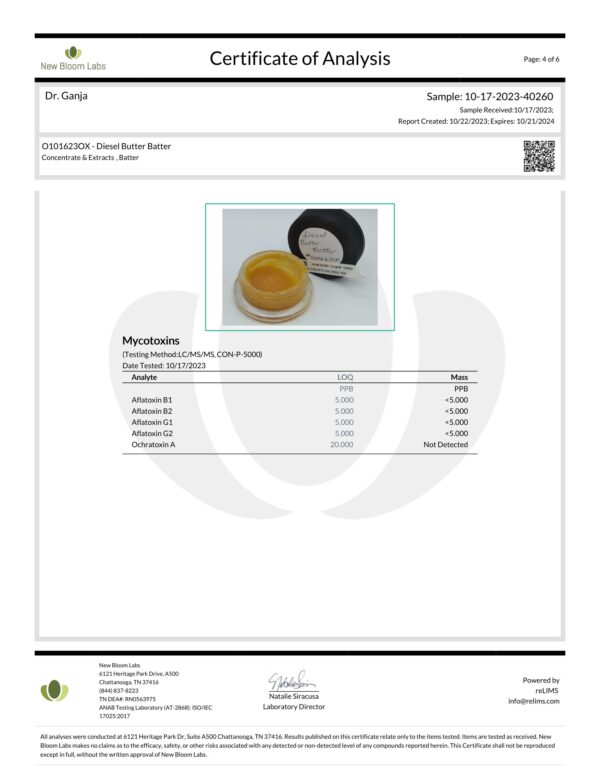Diesel Butter Batter Pesticides Certificate of Analysis