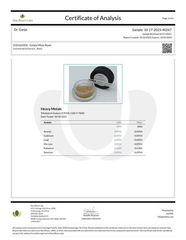 Gelato Mints Rosin Heavy Metals Certificate of Analysis