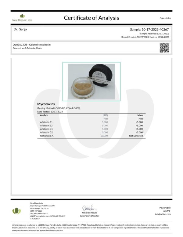 Gelato Mints Rosin Mycotoxins Certificate of Analysis