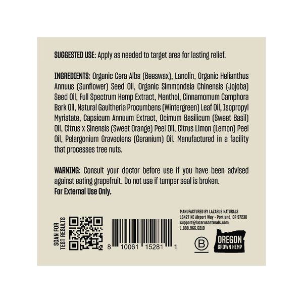 Lazarus Naturals Full Spectrum CBD Balm Stick Relief + Recovery 800mg .5oz Supplement Facts