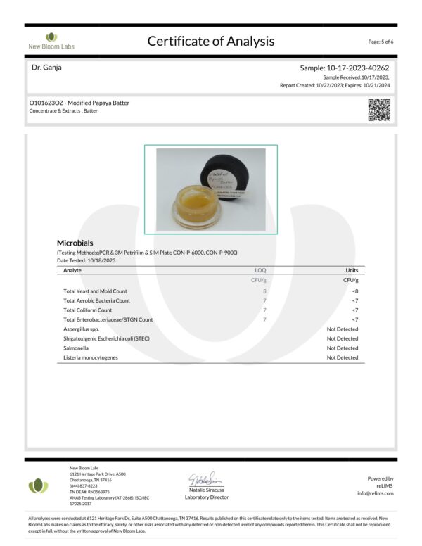 Modified Papaya Batter Microbials Certificate of Analysis