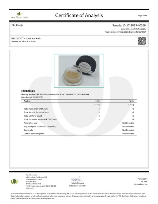 Slurricane Rosin Microbials Certificate of Analysis