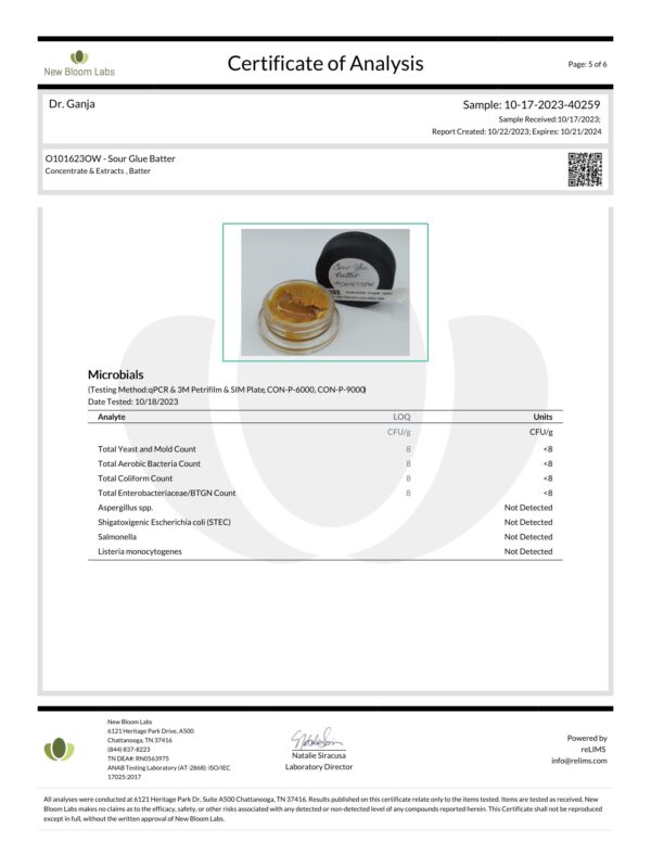 Sour Glue Batter Microbials Certificate of Analysis