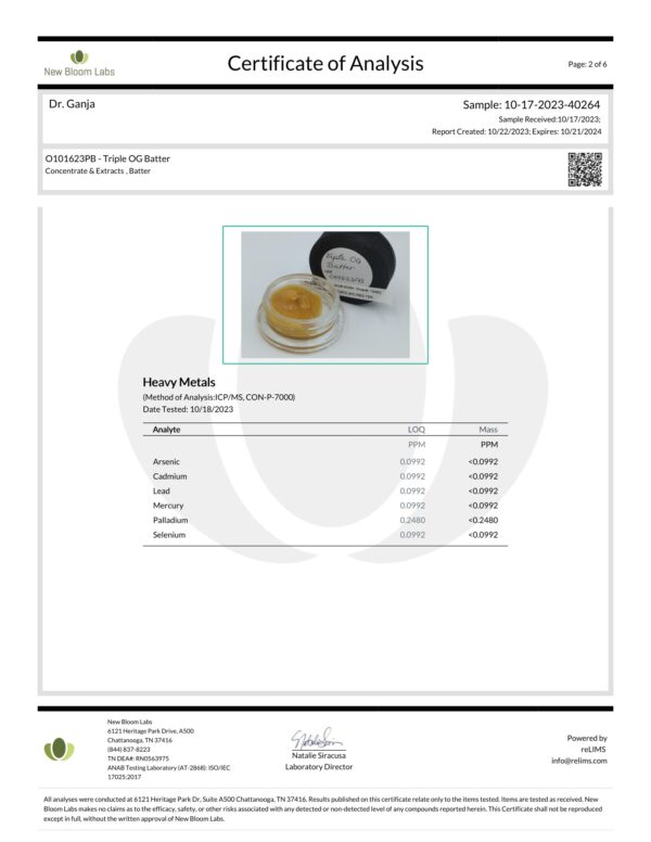 Triple OG Batter Heavy Metals Certificate of Analysis