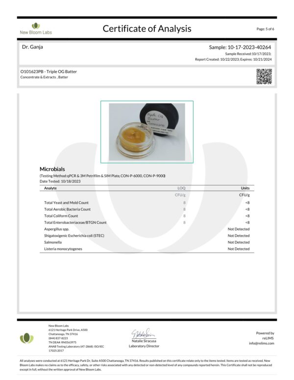 Triple OG Batter Microbials Certificate of Analysis