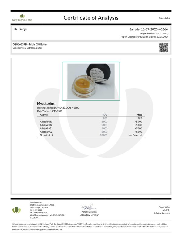 Triple OG Batter Mycotoxins Certificate of Analysis