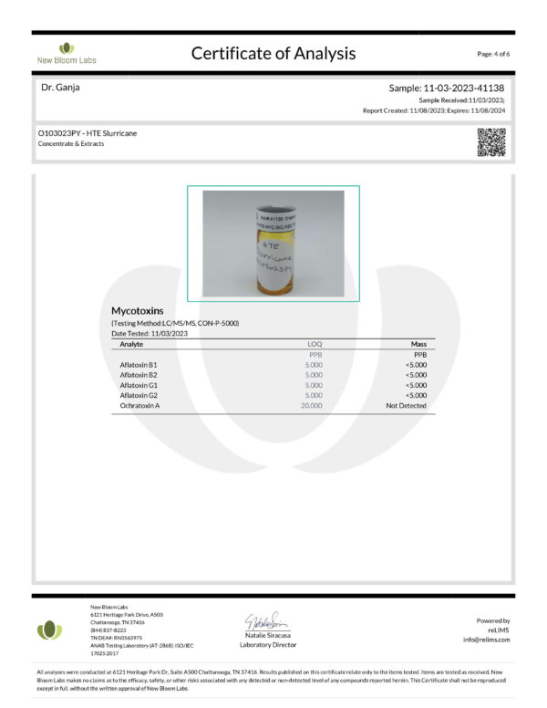 Dr.Ganja-Diamond-Distillate-HTE-Vape-Cartridge-Slurricane-Mycotoxins-Certificate-of-Analysis