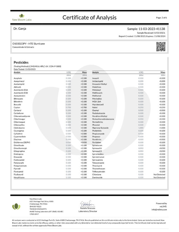 Dr.Ganja-Diamond-Distillate-HTE-Vape-Cartridge-Slurricane-Pesticides-Certificate-of-Analysis