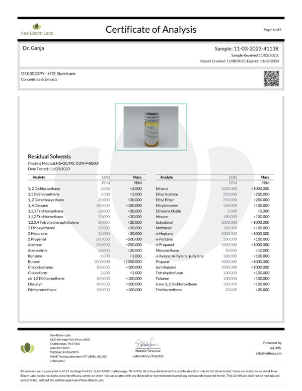 Dr.Ganja-Diamond-Distillate-HTE-Vape-Cartridge-Slurricane-Residual-Solvents-Certificate-of-Analysis