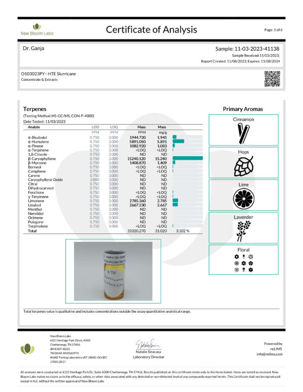 Dr.Ganja-Diamond-Distillate-HTE-Vape-Cartridge-Slurricane-Terpenes-Certificate-of-Analysis