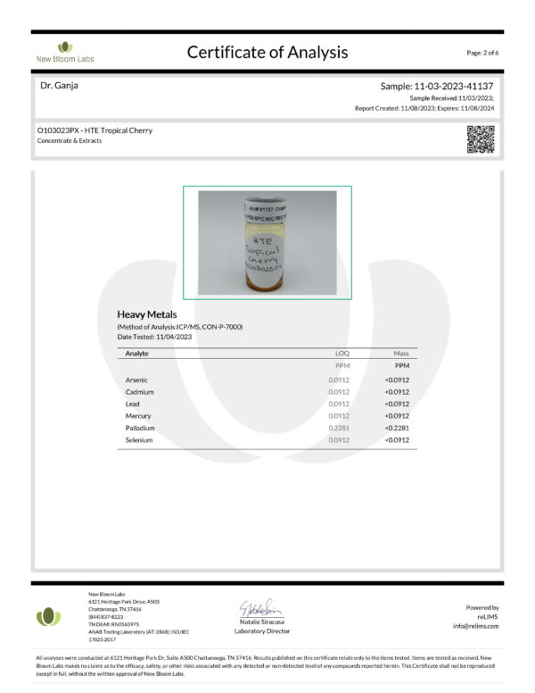 Dr.Ganja-Diamond-Distillate-HTE-Vape-Cartridge-Tropical-Cherry-Heavy-Metals-Certificate-of-Analysis