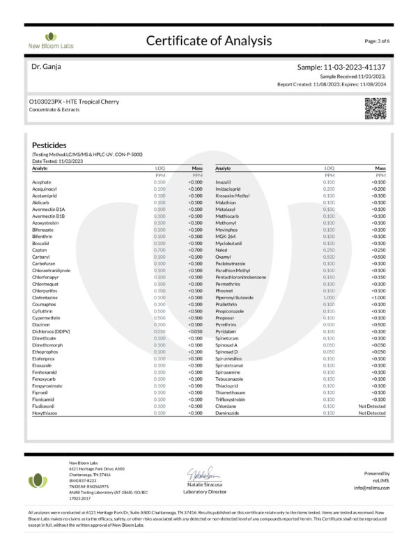 Dr.Ganja-Diamond-Distillate-HTE-Vape-Cartridge-Tropical-Cherry-Pesticides-Certificate-of-Analysis