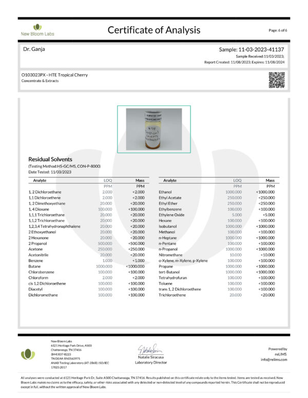 Dr.Ganja-Diamond-Distillate-HTE-Vape-Cartridge-Tropical-Cherry-Residual-Solvents-Certificate-of-Analysis