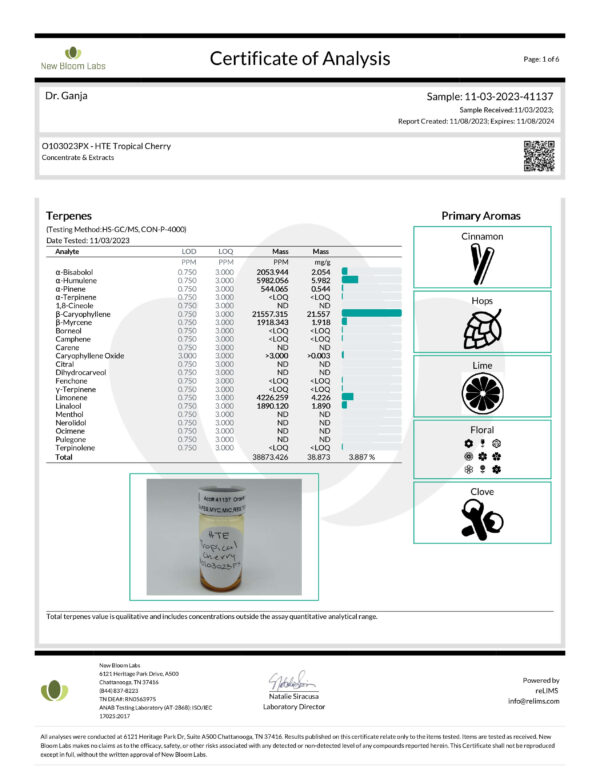 Dr.Ganja-Diamond-Distillate-HTE-Vape-Cartridge-Tropical-Cherry-Terpenes-Certificate-of-Analysis